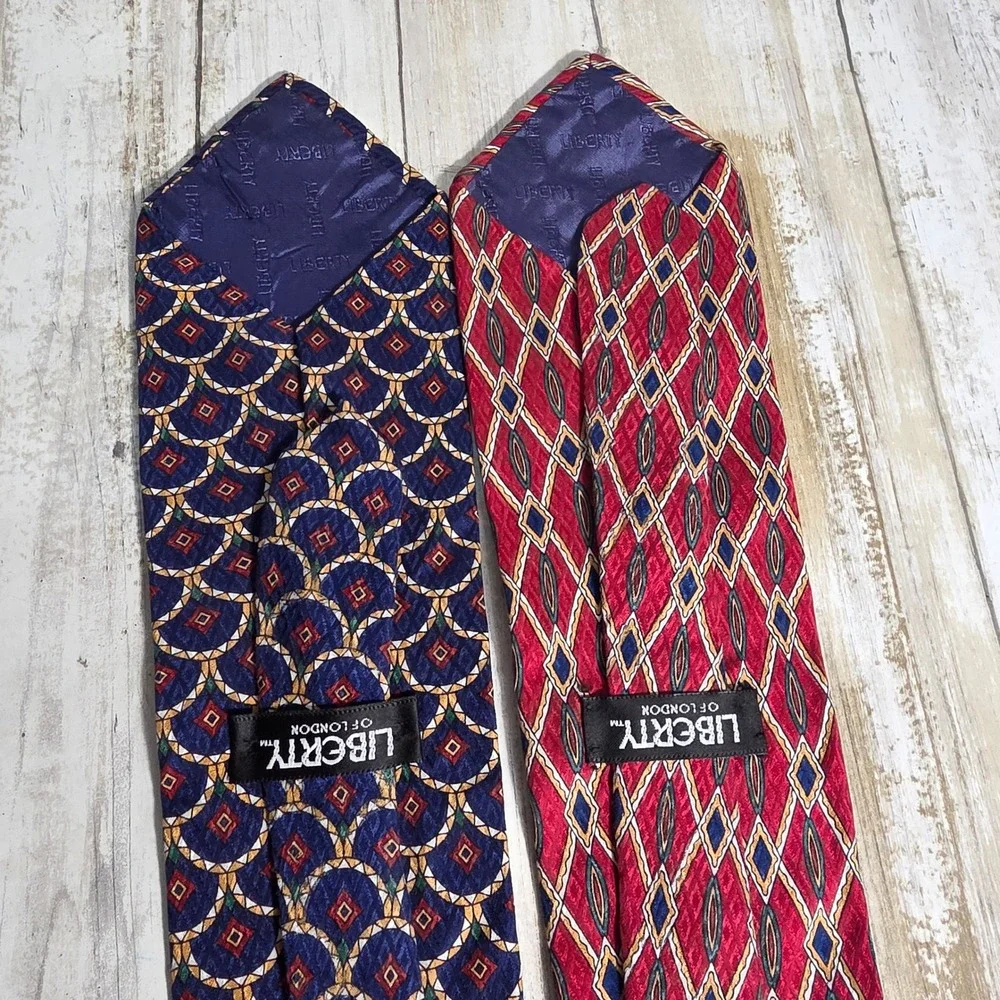 Liberty of London Mens Silk Necktie Set Red Diamond Navy Medallion Geometric 2pk